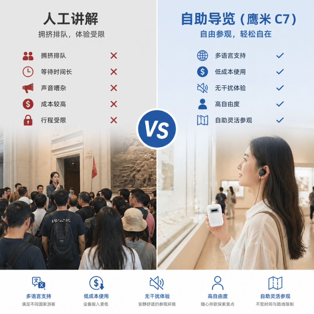 自助导览 vs 人工讲解对比可视化，左侧人工讲解拥挤排队，右侧游客手持鹰米 C7 自助导览自由参观。