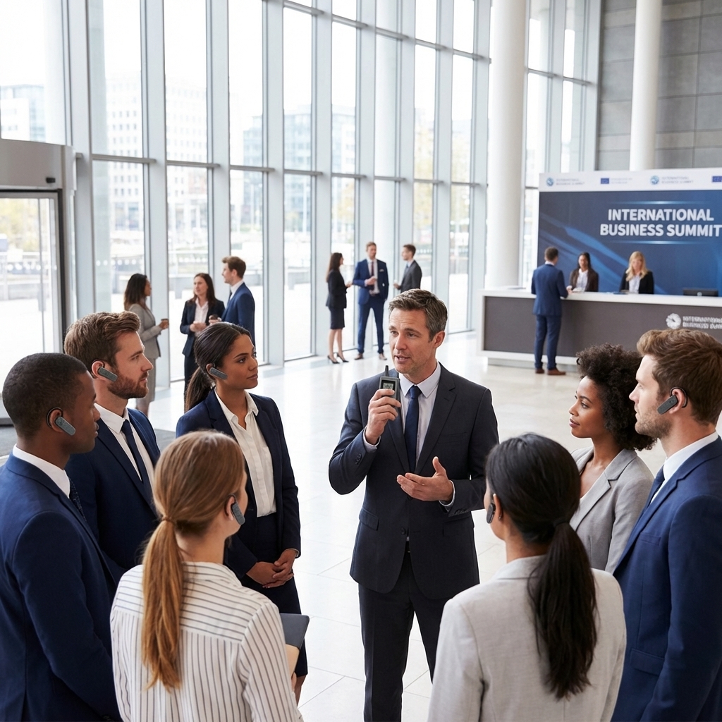 现代化商务场所内，政企考察团佩戴讲解器耳机，聆听手持无线讲解器的讲解人员介绍