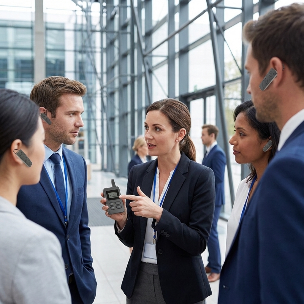 现代化商务场所内，政企考察团佩戴讲解器耳机，聆听手持无线讲解器的讲解人员介绍