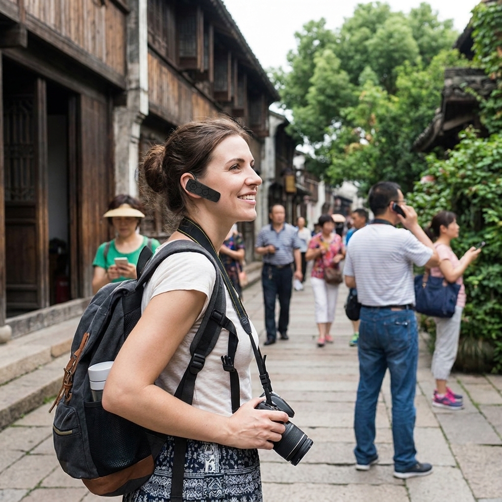 游客们佩戴鹰米的自助导览设备自由参观景区