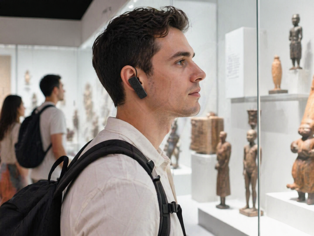 游客们佩戴鹰米的自助导览设备自由参观艺术馆
