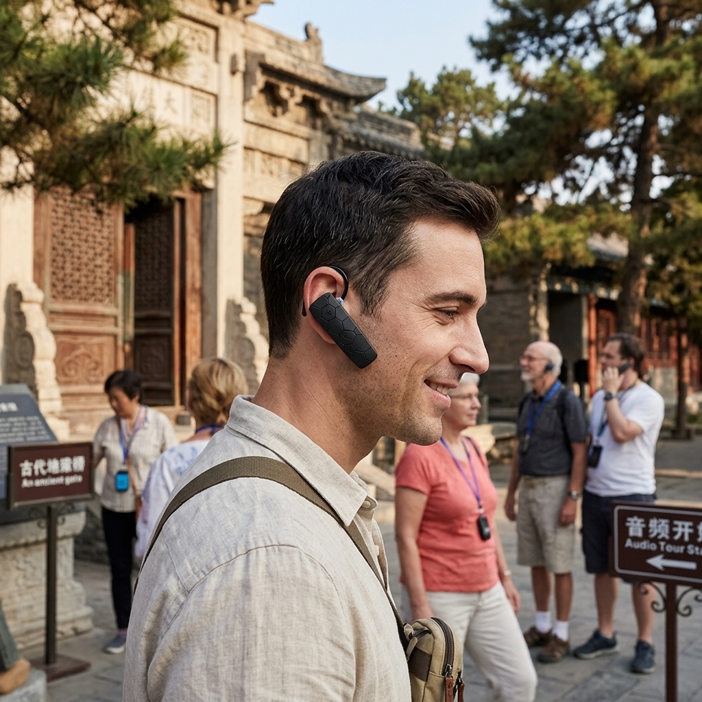 游客们佩戴鹰米的自助导览设备自由参观景区