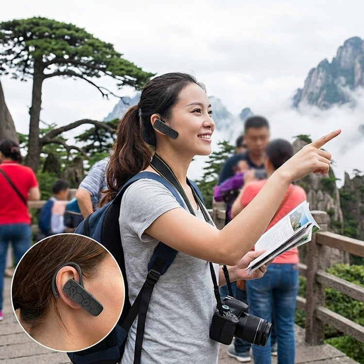 游客们佩戴鹰米的自助导览设备自由参观景点