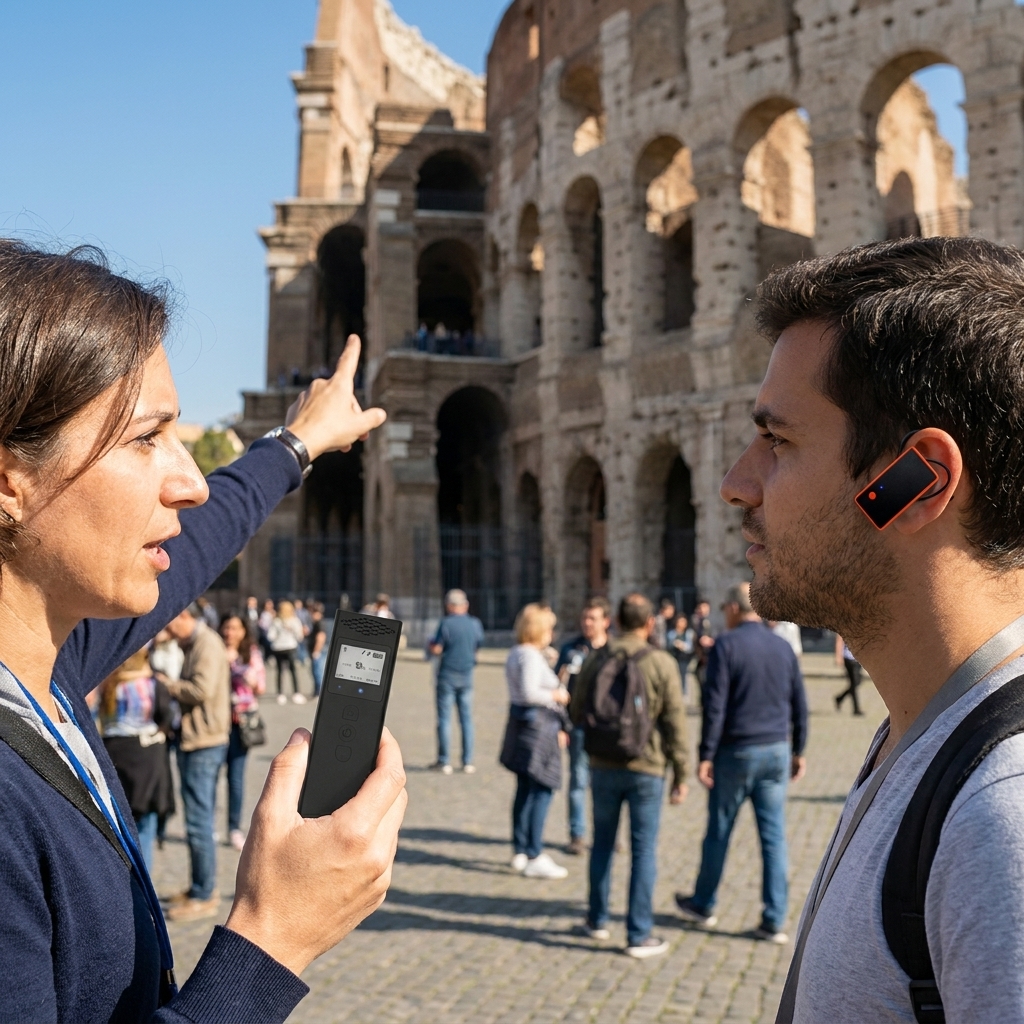 在旅游场景，导游使用鹰米的无线讲解器跟游客解说。