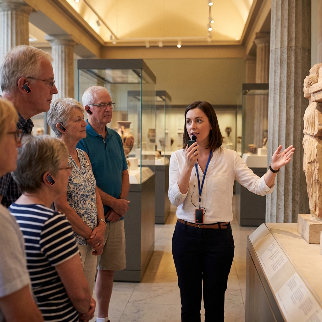 在博物馆场景，导游用鹰米的讲解器跟游客解说