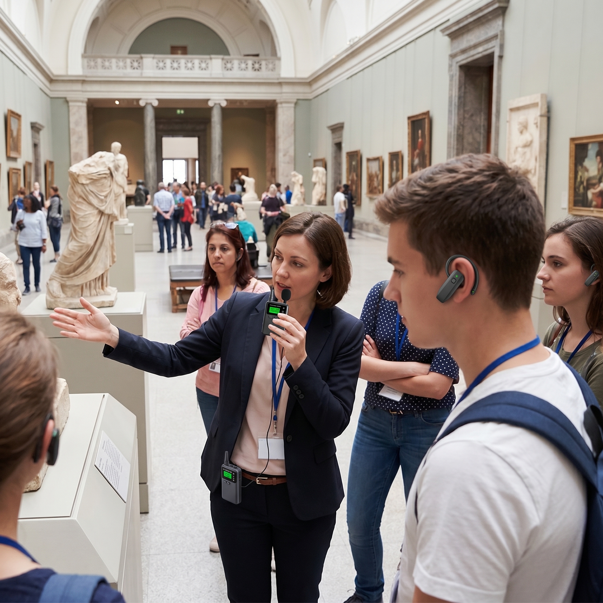 在博物馆，导游使用鹰米的无线讲解器对游客进行解说。