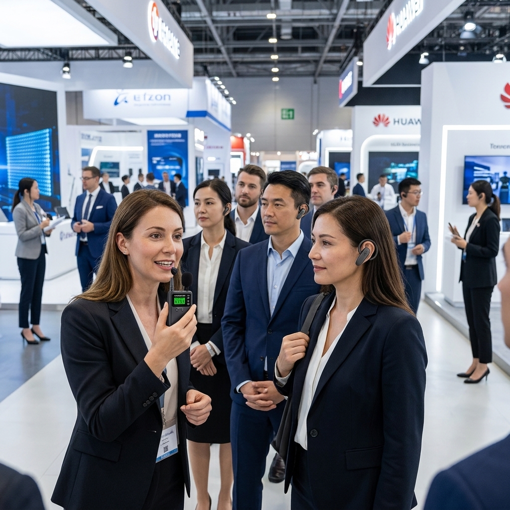 展会百人团，导游使用鹰米的无线讲解器跟游客解说。