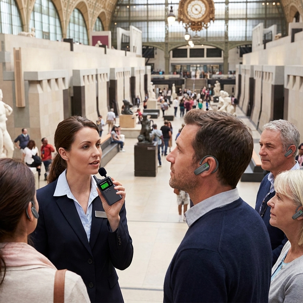 在博物馆，导游使用鹰米的无线讲解器对游客进行解说。