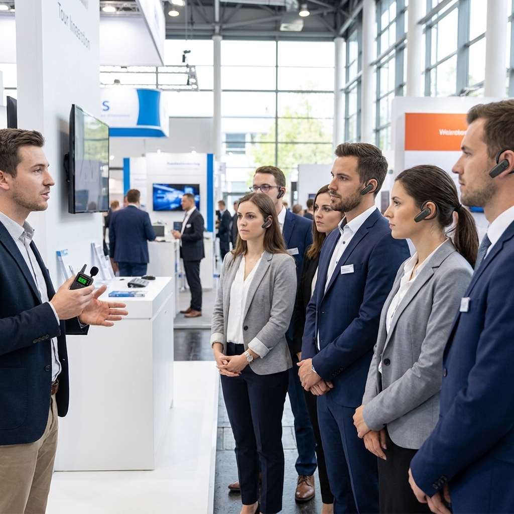 展会百人团，导游使用鹰米的无线讲解器跟游客解说。