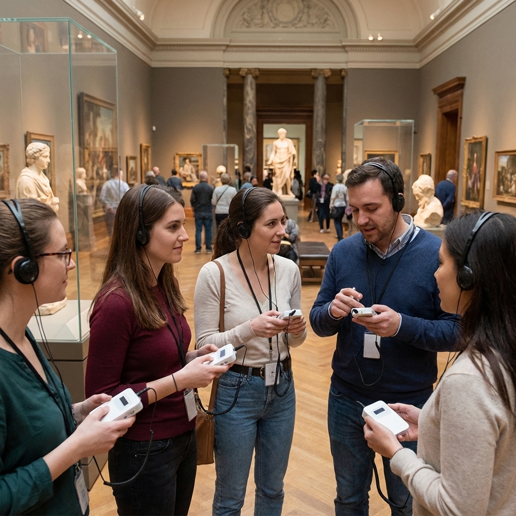 游客们佩戴鹰米的自助导览设备自由参观博物馆