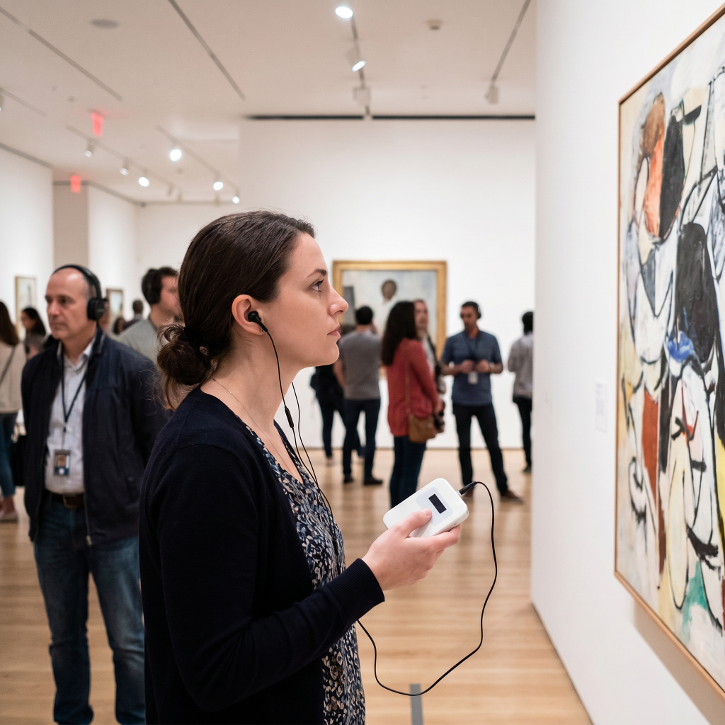 游客们佩戴鹰米的自助导览设备自由参观艺术馆