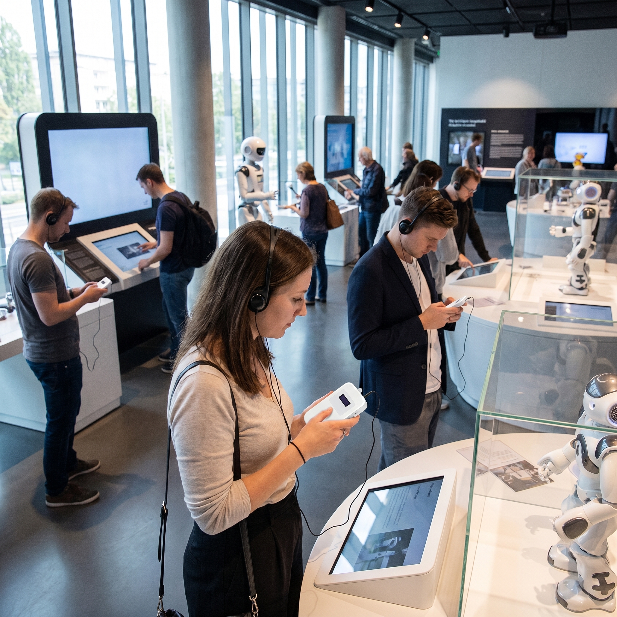 游客们佩戴鹰米的自助导览设备自由参观科技馆