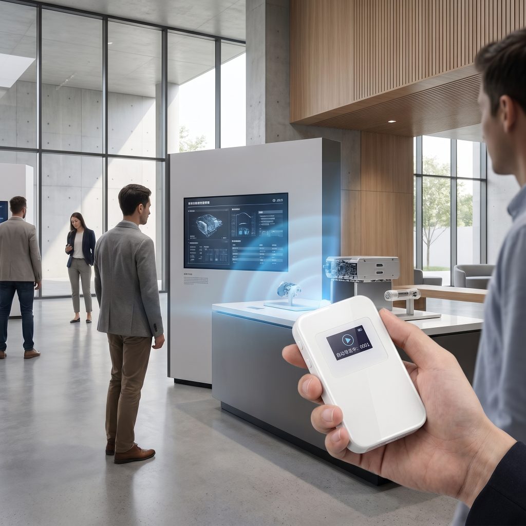 在企业展厅场景，游客们使用自助导览设备参观。