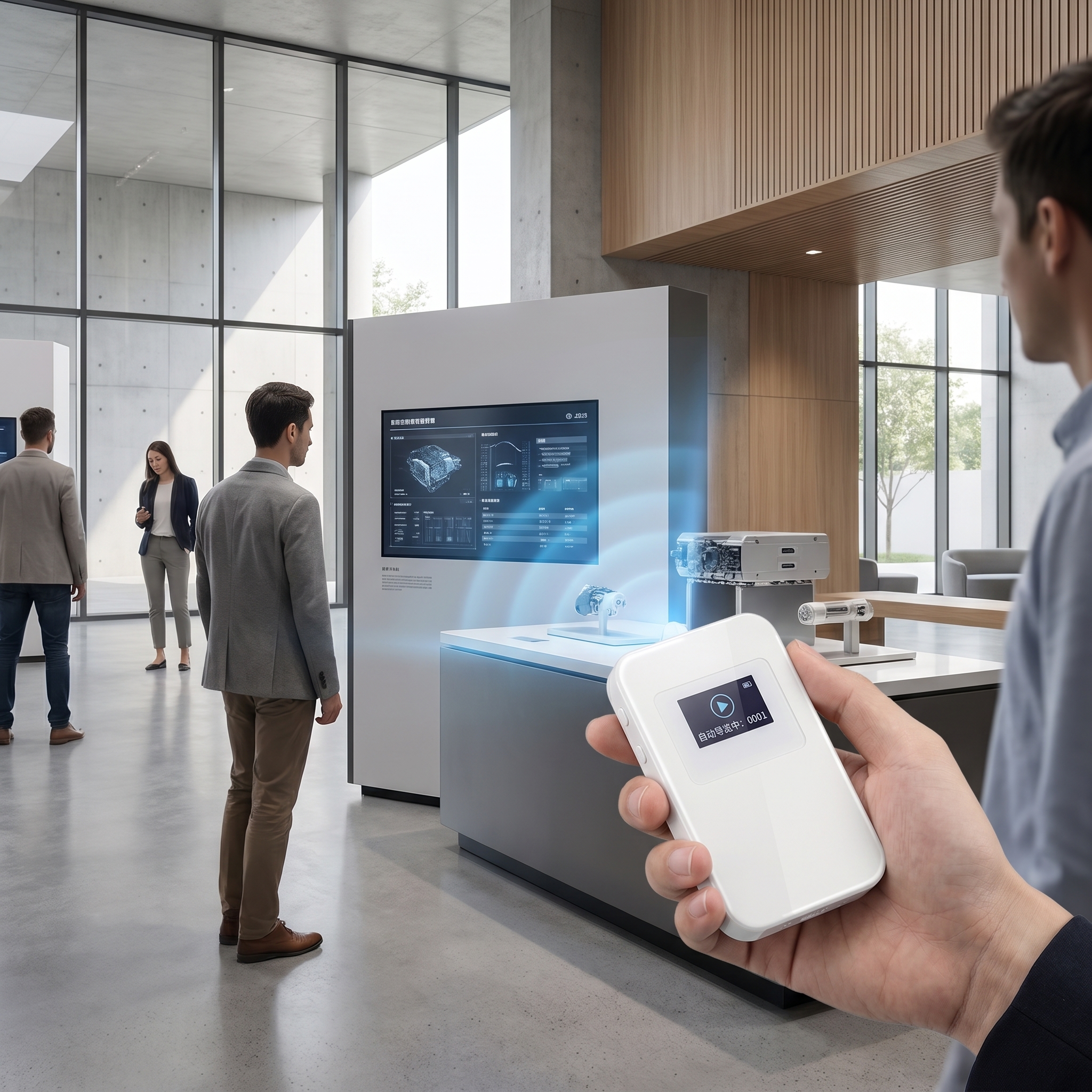 在企业展厅场景，游客们使用自助导览设备参观。