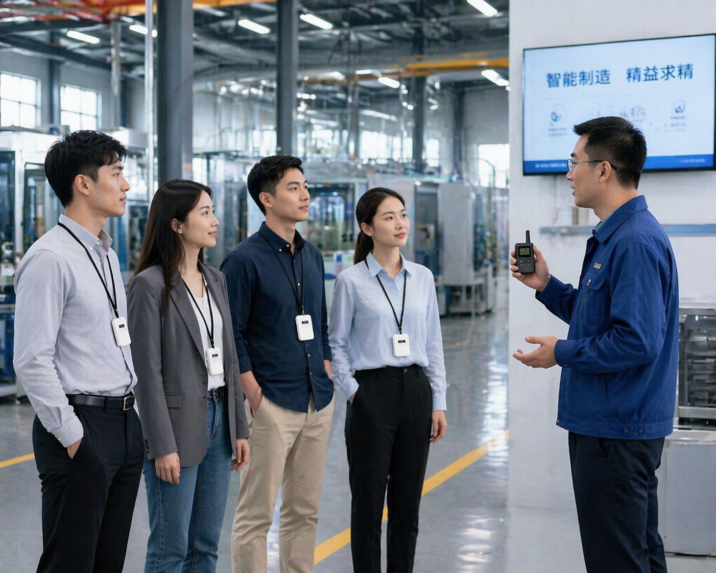在工厂场景，客户使用鹰米的自助导览设备