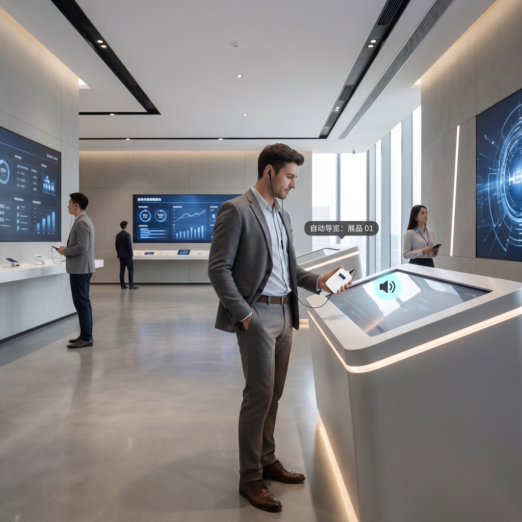 在企业展厅场景，游客们使用自助导览设备参观。