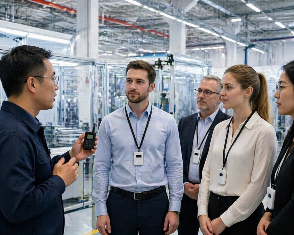 在工厂场景，客户使用鹰米的自助导览设备