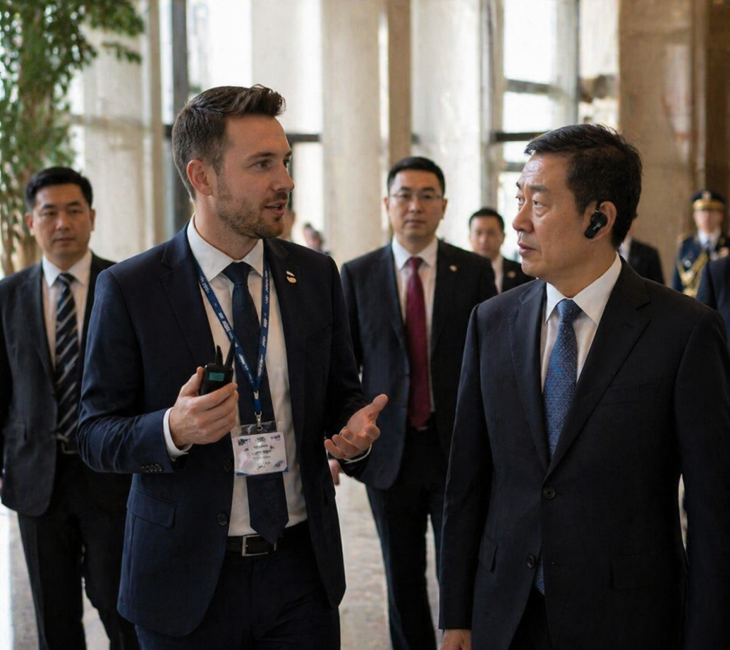 政企考察团佩戴讲解器耳机，聆听手持无线讲解器的讲解人员介绍