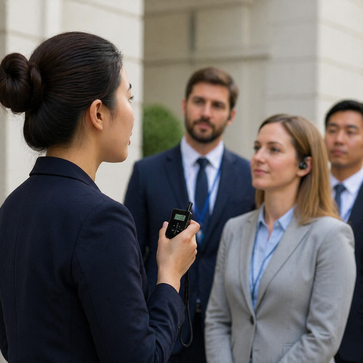 政企考察团佩戴讲解器耳机，聆听手持无线讲解器的讲解人员介绍