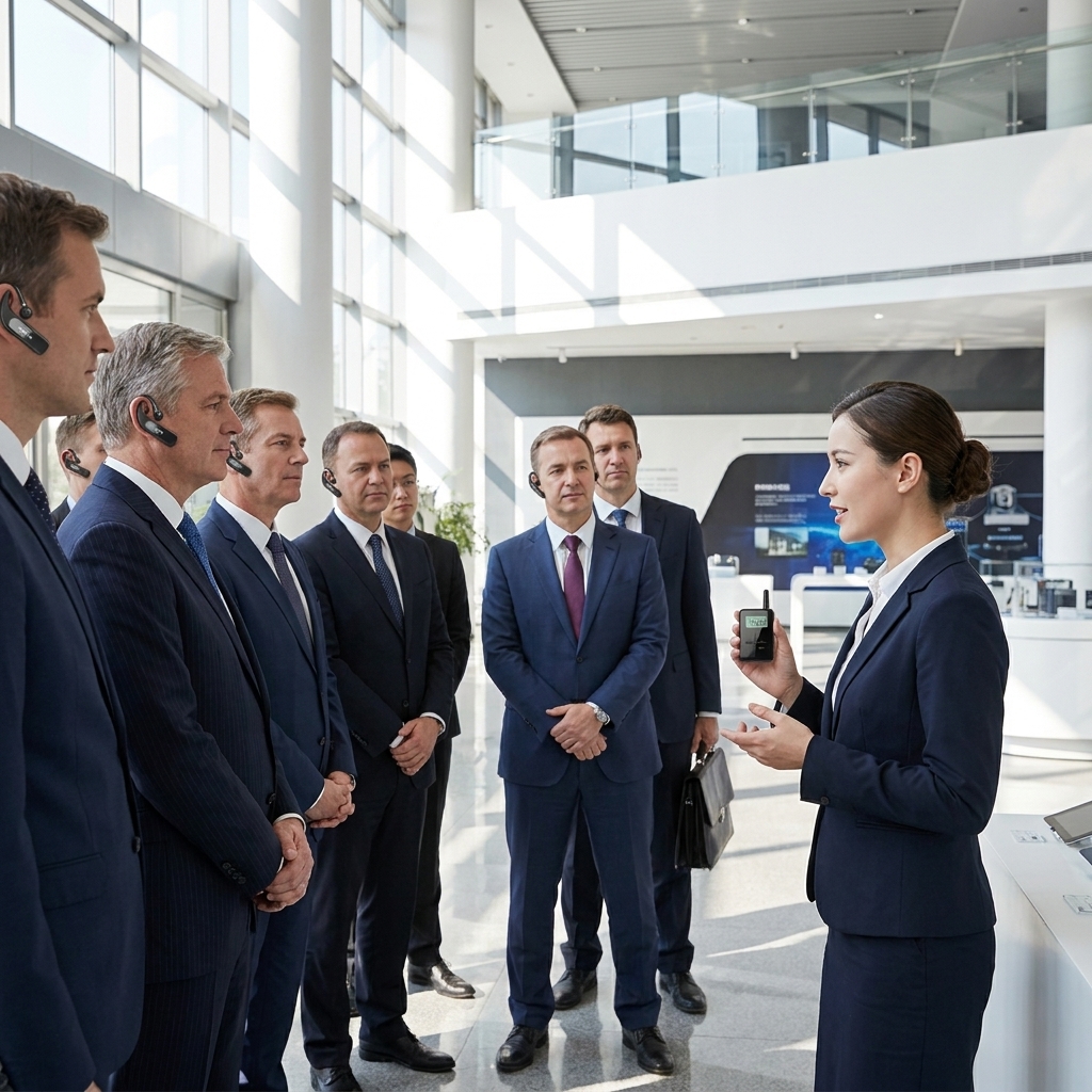 政企考察团佩戴讲解器耳机，聆听手持无线讲解器的讲解人员介绍