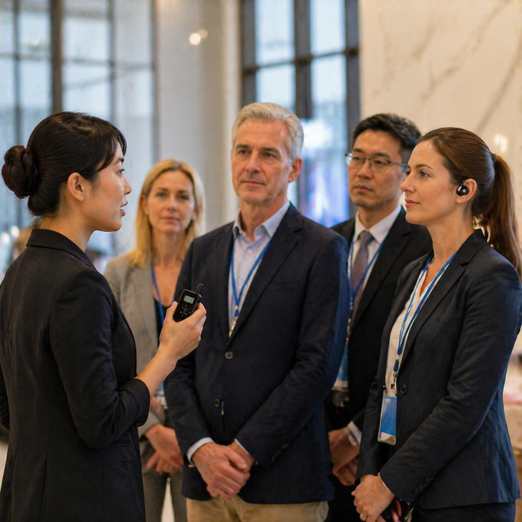 政企考察团佩戴讲解器耳机，聆听手持无线讲解器的讲解人员介绍