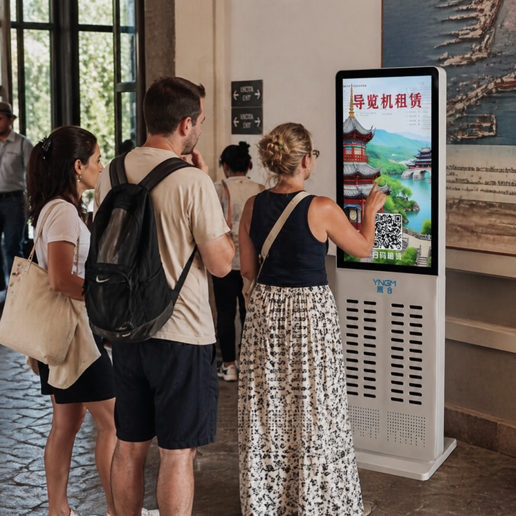 在博物馆场景，几名游客站在自助租赁柜前拿手机扫码准备租讲解器。