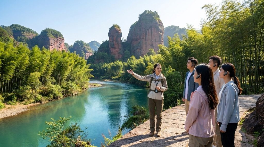 江西龙虎山自然风光,青山绿水,一位讲解员走在队伍前方,游客们佩戴着耳机跟随