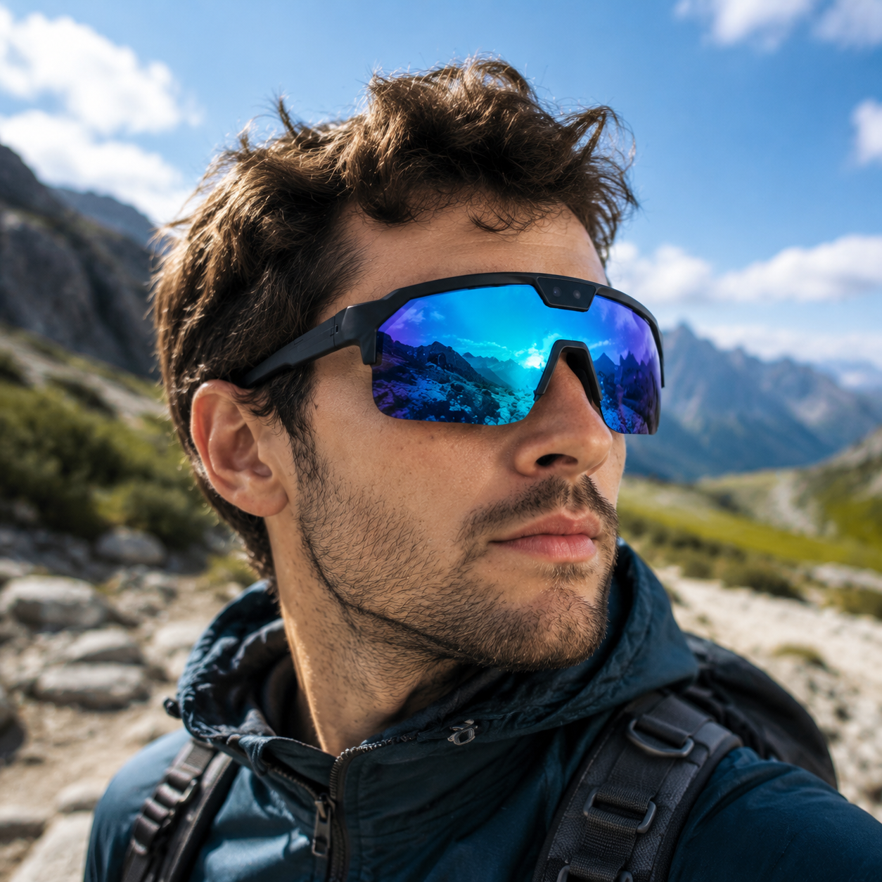 户外旅行中，用户佩戴鹰米 Q01 AI 智能眼镜