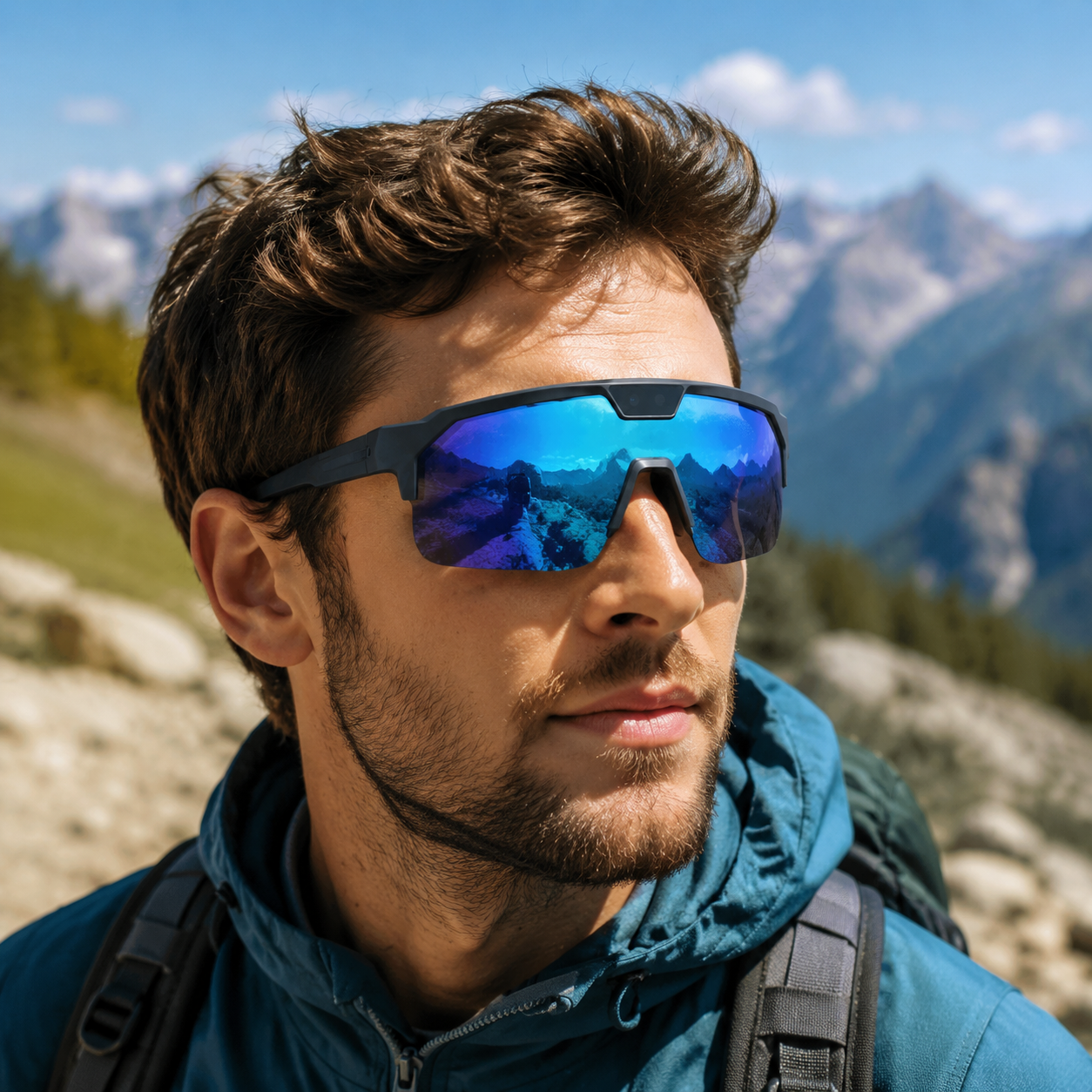 户外旅行中，用户佩戴鹰米 Q01 AI 智能眼镜