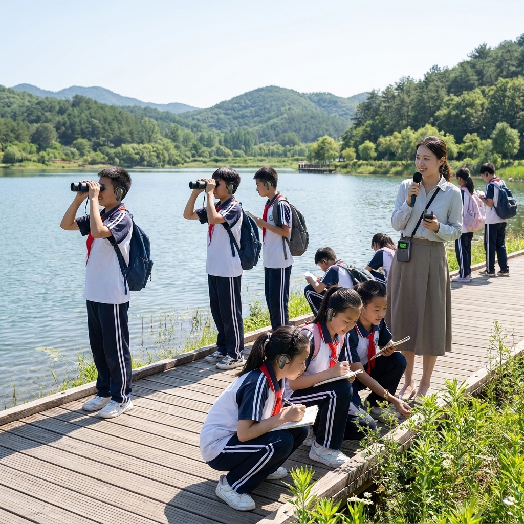 老师使用无线讲解系统带领学生进行户外研学旅行