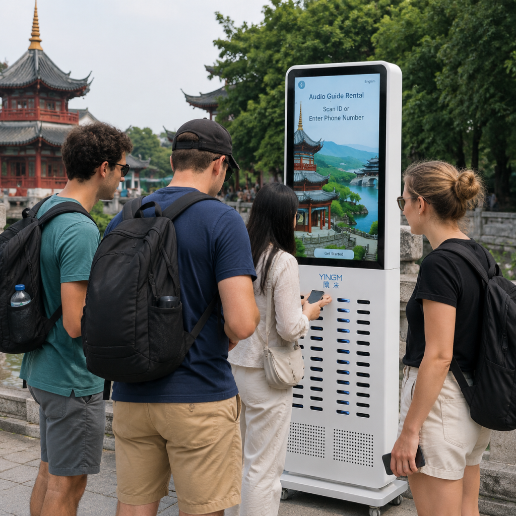 在旅游场景，几名游客站在自助租赁柜前拿手机扫码准备租讲解器。