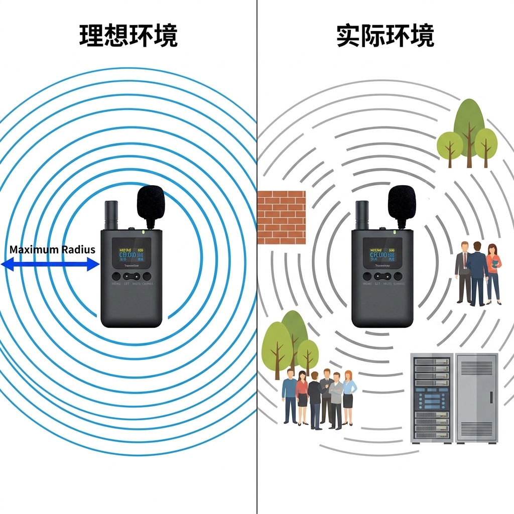 导游系统理论信号范围与实际覆盖范围对比示意图